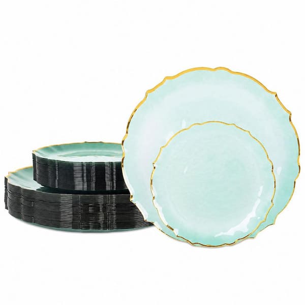 50pcs Translucent Green Plastic Plates with Gold Rim Elegant Disposable Set 25 Dinner Plates 10 Inch 25 Dessert