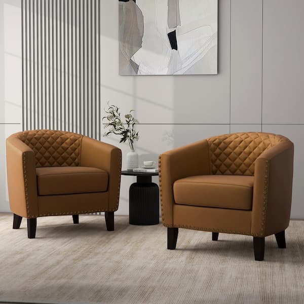 Uixe Mid-Century Coffee Solid Wood Legs PU Leather Upholstered Accent Barrel Chair With Nailhead Trim (Set of 2)