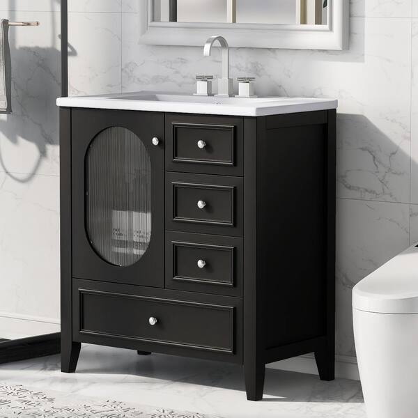 Qualler 30 in. W x 18.3 in. D x 33.9 in. H Single Sink Freestanding Bath Vanity in Black with White Ceramic Top
