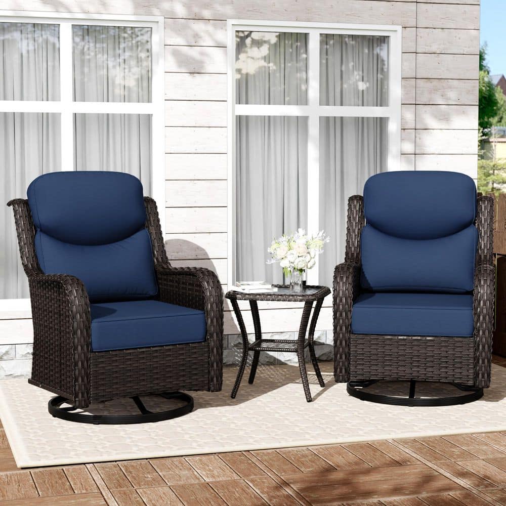 3-Piece Brown Wicker Patio Swivel Outdoor Rocking Chair Set with Blue Cushions and Side Table price history on PriceWatchPro