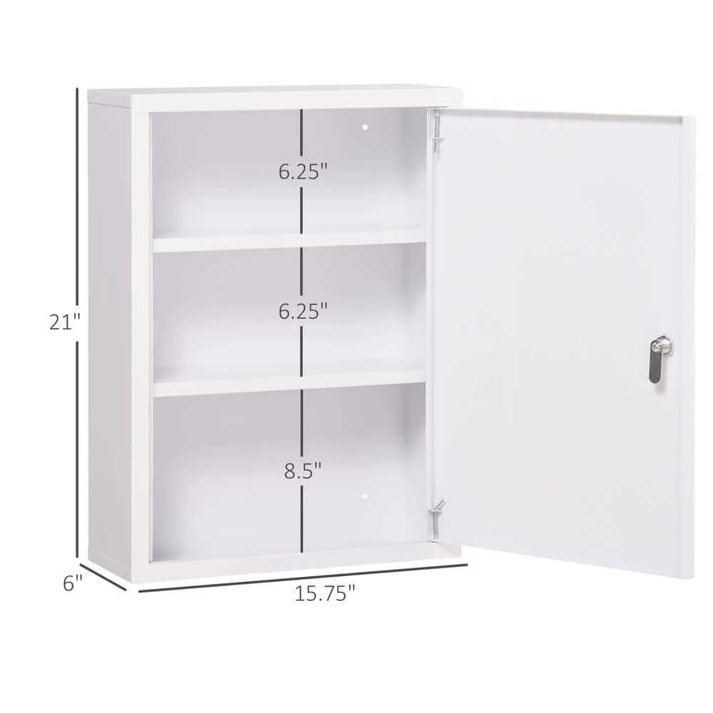 White Steel Wall-Mounted Lockable Medicine Cabinet with 3 Tiers