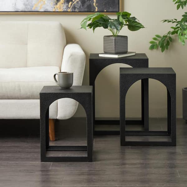 16 in. Black Nested Square Metal Coffee Table with Arched Cutouts (3-Pieces)