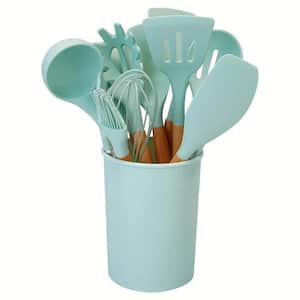 11-Pieces Light Green Silicone Cooking Utensil Set Heat Resistant Wooden Handle