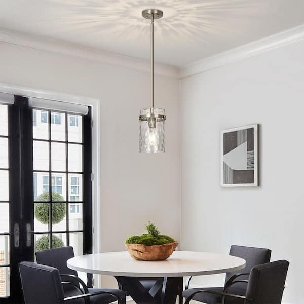 Jasslynn 60 Watt 1 Light Brushed Nickel Modern Pendant Light with Water Rippled Cylinder Glass Shade for Kitchen Island