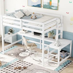 White Wood Frame Full Size Loft Bed with Built-in Desk, Storage Ladder Platform, Ladder