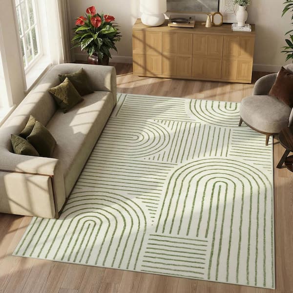 Abstract Rainbow Striped Washable Non-Slip Green 6 ft. x 9 ft. Living Room Bedroom Area Rug