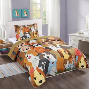 WX200 Brown Dog Twin Size Polyester Quilt Bedspread Set