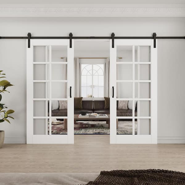 72 in. x 80 in. 10-Lite Tempered Clear Glass White Primed MDF Composite Sliding Barn Door with Hardware Kit