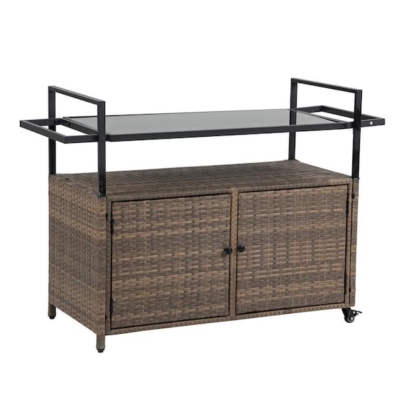 Unbranded Outdoor Wicker Serving Cart, Patio Wine Bar Cart with Lockable Wheels and Glass Top. Light Brown