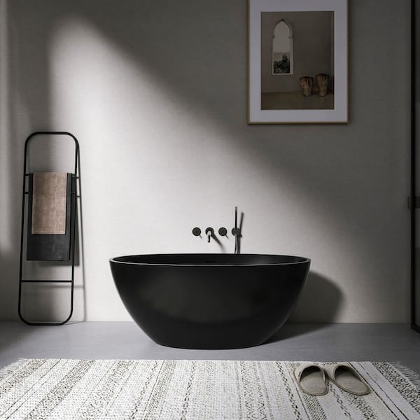 55 in. x 30.5 in. Artificial Stone Soaking Bathtub in Black Solid Surface Modern Tub with Overflow and Pop-up Drain