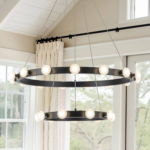 Max Modern 24-Light Black Dual Ring Dimmable Integrated LED Wagon Wheel Chandelier