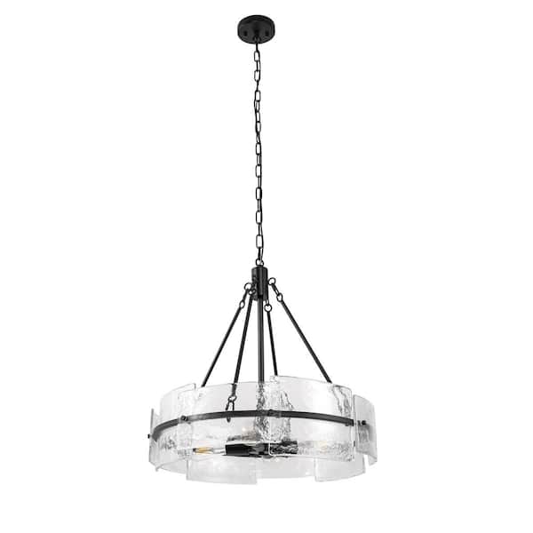 YANSUN 22 in. 4-Light Black Modern Farmhouse Pendant Light with Textured Clear Glass for Kitchen Island, Dining Room, Hallway