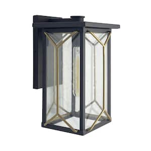 Black Hillside Manor 1-Light Sand Black and Honey Gold Outdoor Hardwired Lantern Sconce with Clear Seeded Glass Shade