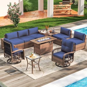 10-Piece Outdoor Fire Pit Patio Set, Sectional Set with Swivel Rocking Chairs, Coffee Table, Blue Cushions, Set Covers