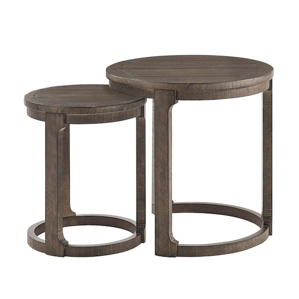 Stagger Rounds Tables UOI 24 in. Dark Brown Round Solid Wood End Table with Staggered 2-Piece ...