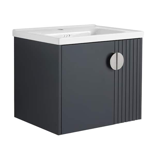 Unbranded 24 in. W x 18.5 in. D x 20.69 in. H Single Sink Wall-Mount Bath Vanity in Black with White Ceramic Top for Bathroom
