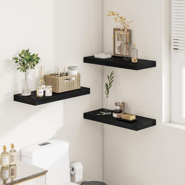 24 in. W x 12 in. D Black Wood Floating Shelves Set of 2, Decorative Wall Shelf for Bedroom Bathroom Kitchen