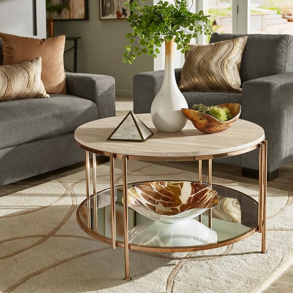 HomeSullivan 33 in. Round Faux Marble Champagne Gold Finish Coffee Table