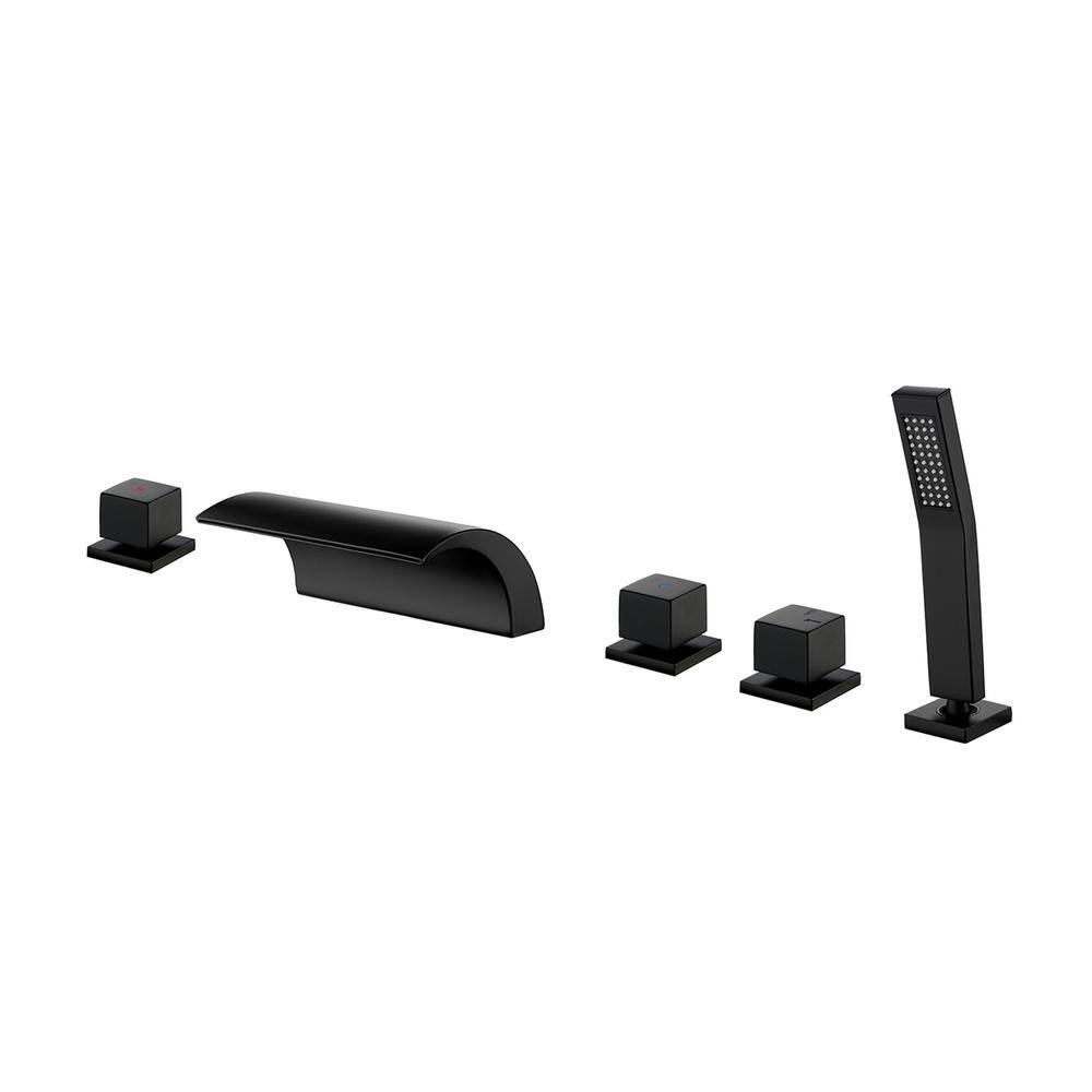 3-Handle Deck Mount Roman Tub Faucet with Hand Shower 5 Holes Brass Waterfall Bathtub Filler with Sprayer in Matte Black
