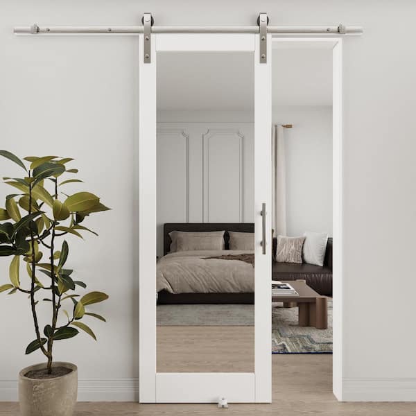 30 in. x 84 in. 1-Lite Mirrored Glass White Primed MDF Sliding Barn Door with Hardware Kit Nickel Plated