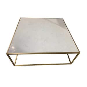 14 in. White and Gold Square Faux Marble Plant Stand with 1-Tier