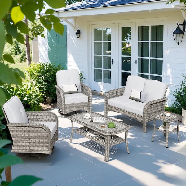 OVIOS Mejy Gray 5-Piece Wicker Patio Conversation Set with Gray Cushions and Swivel Chairs