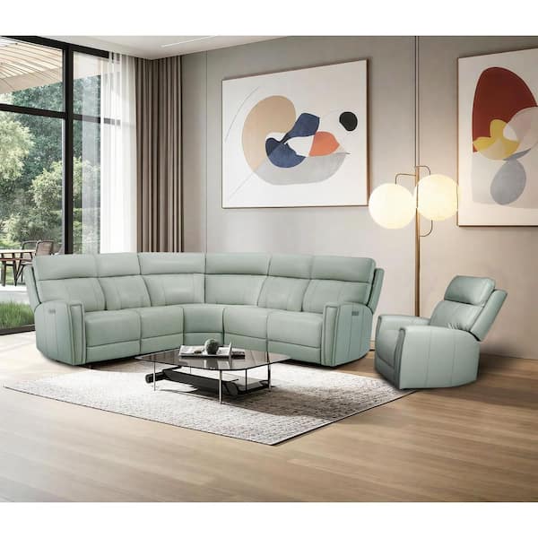 Nora 104 in. 6 Seaters Genuine Leather Dual Power Sectional Sofa Set, USB Ports, 1 Power Armless Chair in Sea Foam