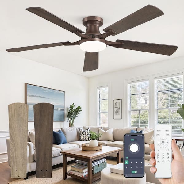 52 in. Smart Indoor Dimmable LED Quiet Brown Low Profile Ceiling Fan with Lights and App and Remote Dual-Finish Blades
