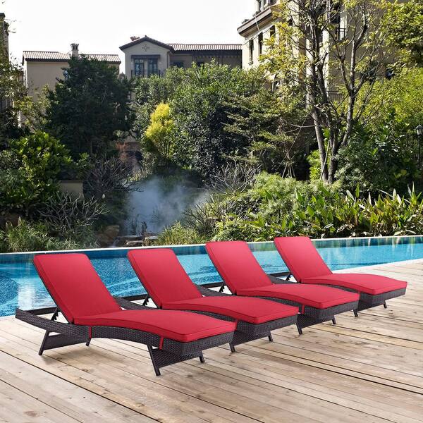 MODWAY Convene Wicker Rattan Outdoor Patio Poolside Four Chaise Lounge Chairs with Cushion in Espresso Red