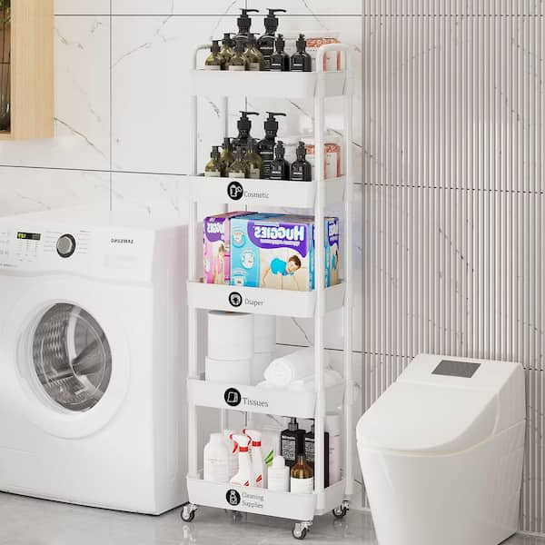 5-Tier White Storage Organizer with Wheels and Classified Stickers, Utility Storage Carts for Bathroom, Laundry, Kitchen
