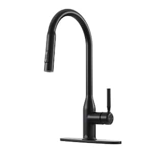 Modern Single Handle Pull Down Sprayer Kitchen Faucet with Deckplate and Water Supply Hoses in Matte Black