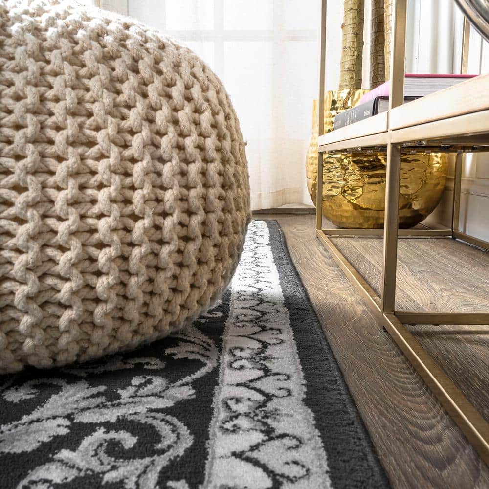 Black and Gray Synthetic Round French Border Area Rug