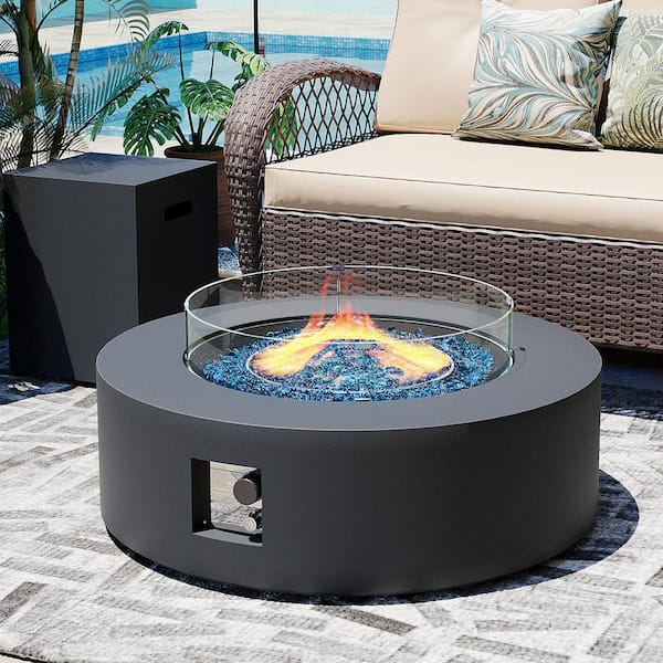 42 in. Round Iron Outdoor Fire Pit Table with Tank Cover, Lid, Wind Guard and Rain Cover in Dark Gray