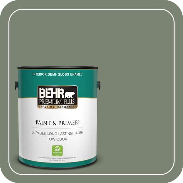 BEHR PREMIUM PLUS 1 gal. #ICC-77 Sage Green Semi-Gloss Enamel Low Odor Interior Paint & Primer