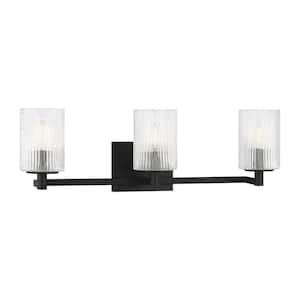 Lando 24.625 in. W x 7.75 in. H 3-Light Midnight Black Bathroom Vanity Light with Clear Fluted Glass Shades