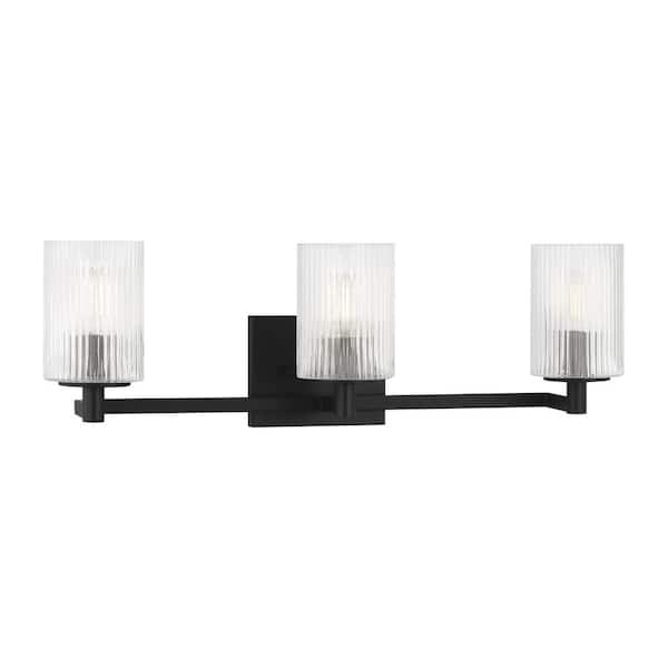 Generation Lighting Lando 24.625 in. W x 7.75 in. H 3-Light Midnight Black Bathroom Vanity Light with Clear Fluted Glass Shades