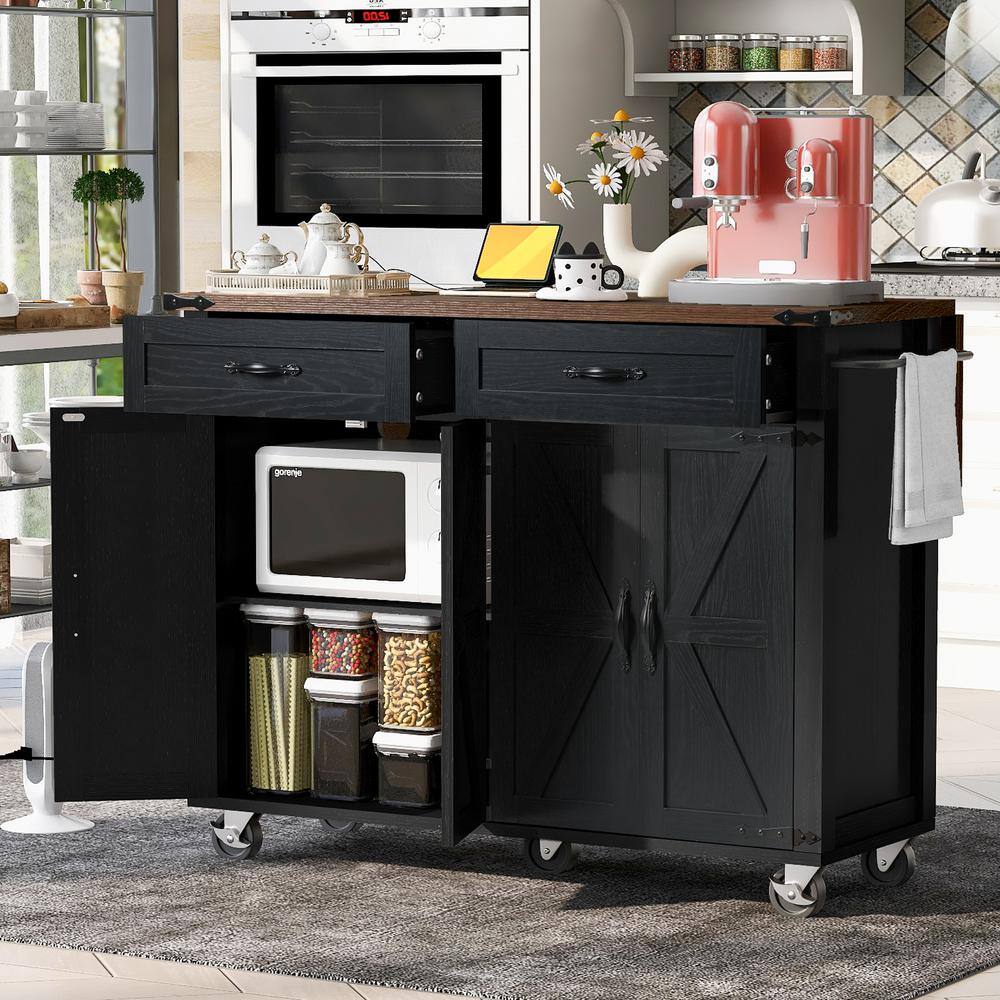 Black and Brown Farmhouse Wood Kitchen Island with Drop Leaf and Wheels