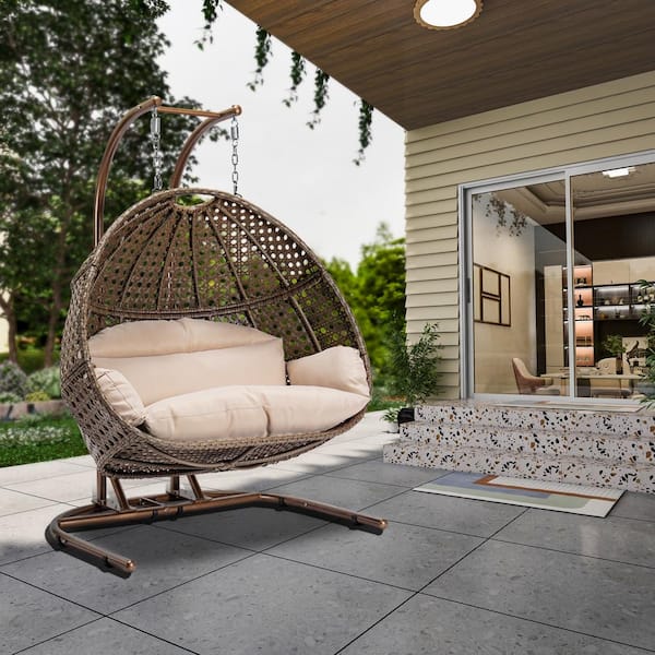 Brown Wicker Round Shaped Patio Swing Outdoor Egg Lounge Chair 2 Person With Beige Cushion Xbhj Tl 1 - Patio Post Swing Lounge Chair
