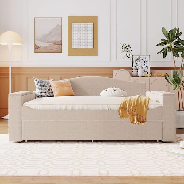 Beige Full Size Daybed with Storage Armrests, Trundle and Bluetooth Audio System, Teddy Fleece
