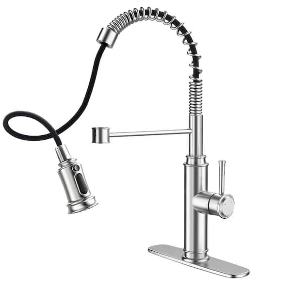19 in 360° Spout Swivel Spring Kitchen Sink Faucet with 3 Modes Pull Down Sprayer in Brushed Nickel