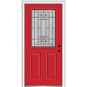 36 in. x 80 in. Courtyard Left-Hand 1/2-Lite Decorative Painted Fiberglass Smooth Prehung Front Door on 4-9/16 in. Frame