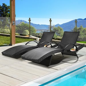 2-Set Black Wicker Pull-out Side Table Adjustable Backrest Rattan Outdoor Chaise Lounge