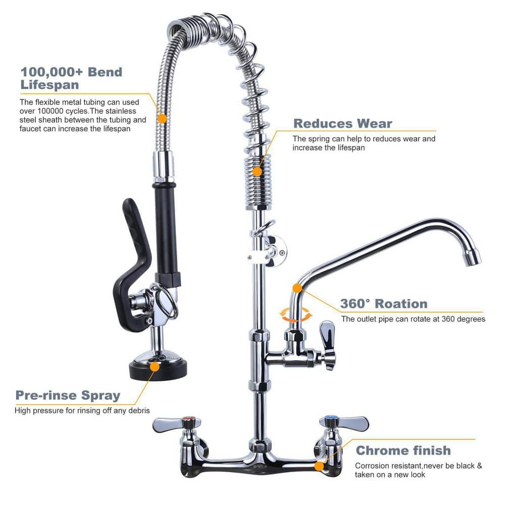 25-Inch Chrome Wall Mount Triple Handle Commercial Kitchen Faucet with Pull-Out Spray