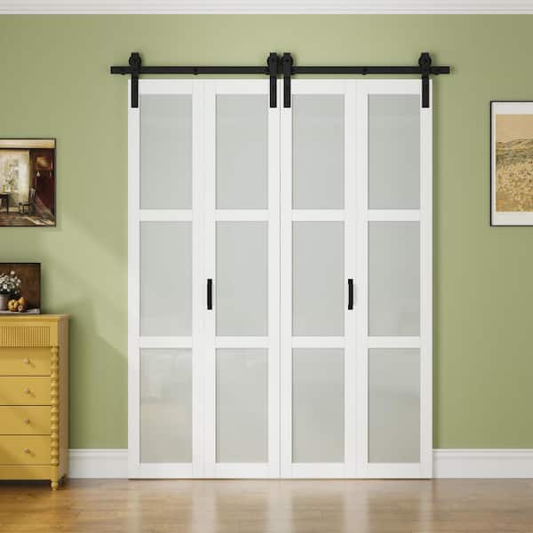64 in. x 84 in. 3-Lite Tempered Frosted Glass White Finished Glass Bi-Fold Sliding Barn Door with Hardware Kit