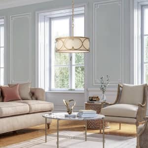 Modern Drum Island Chandelier Pendant Light, 3-light Farmhouse Gold Shaded Chandelier with Fabric Shade