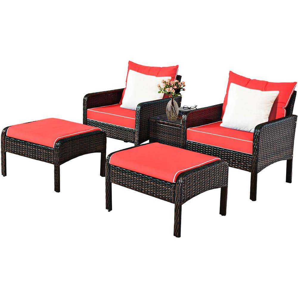 Costway Brown 5-Piece Rattan Wicker Patio Conversation Ottoman Sofa Coffee Table Set with Red Cushion