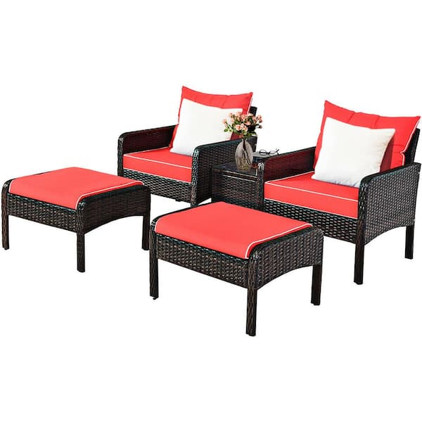 Costway Brown 5-Piece Rattan Wicker Patio Conversation Ottoman Sofa Coffee Table Set with Red Cushion