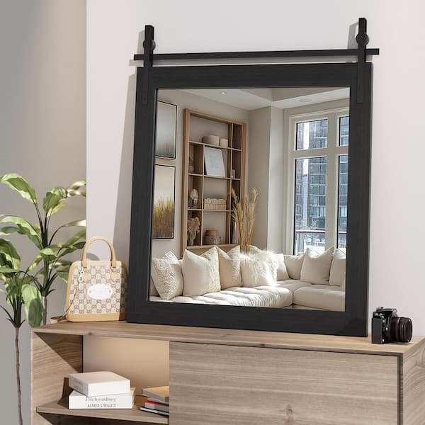 Black 31 in. W x 31 in. H Rectangle Wood Framed Farmhouse Wall Mounted Mirror Vintage Vanity Decrative Bathroom Mirrors