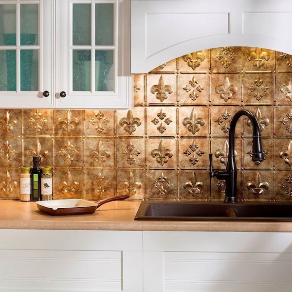 Fasade 18.25 in. x 24.25 in. Bermuda Bronze Fleur de Lis PVC Decorative Tile Backsplash