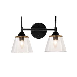 Oliver 15.15 in. 2-Light Black Modern Industrial Bathroom Vanity Light with Clear Glass Shades